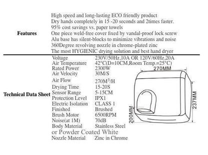 OZ2300S Heavy Duty Automatic Hand Dryer 2300W