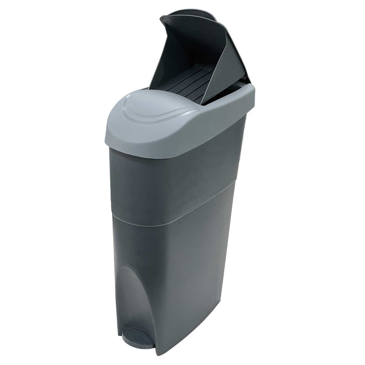 Left side view of the product, open-lid "Grey Sanitary Bin Grey Slim Lady Female Waste Disposal"