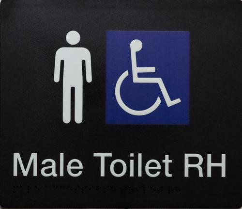 Male Accessible Right Hand Toilet Sign White on Black